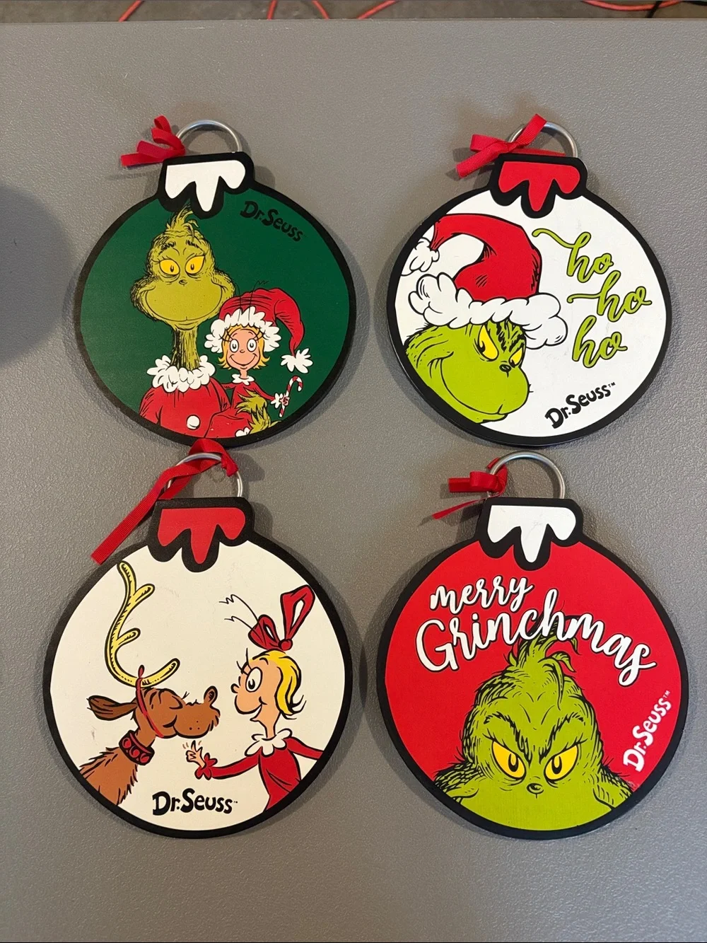 Dr. Seuss Grinch Holiday Ornament Set - Red, Green, White Set of 4